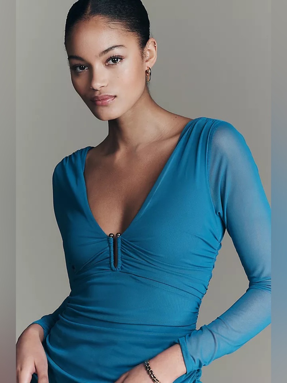Anthropologie Long-Sleeve Deep-V Hardware Midi Dress Blue size M